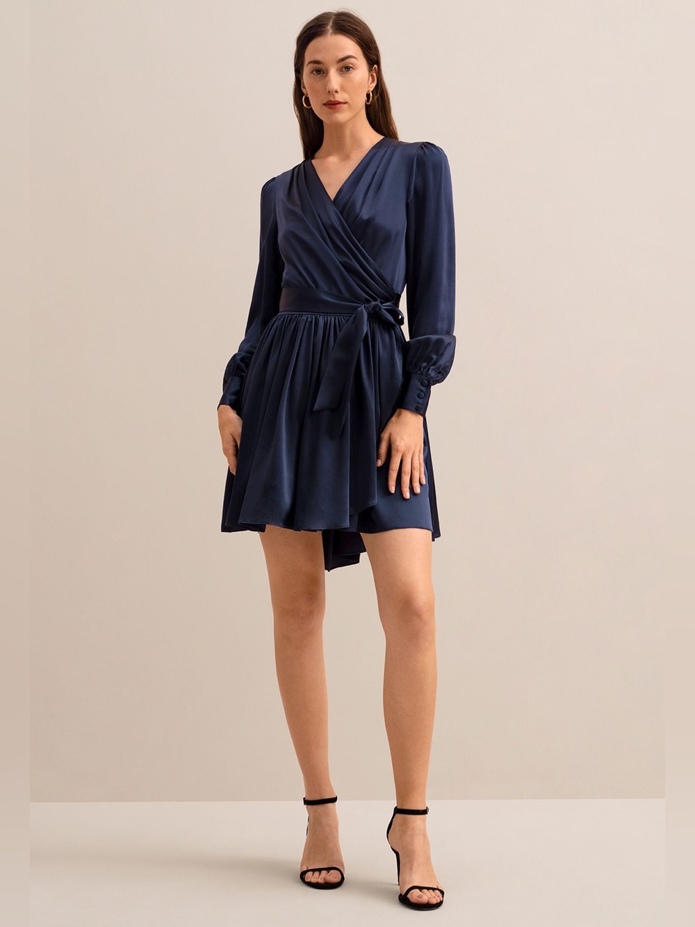 Lilysilk Wrap-Front Long Sleeve Mini Dress in Navy